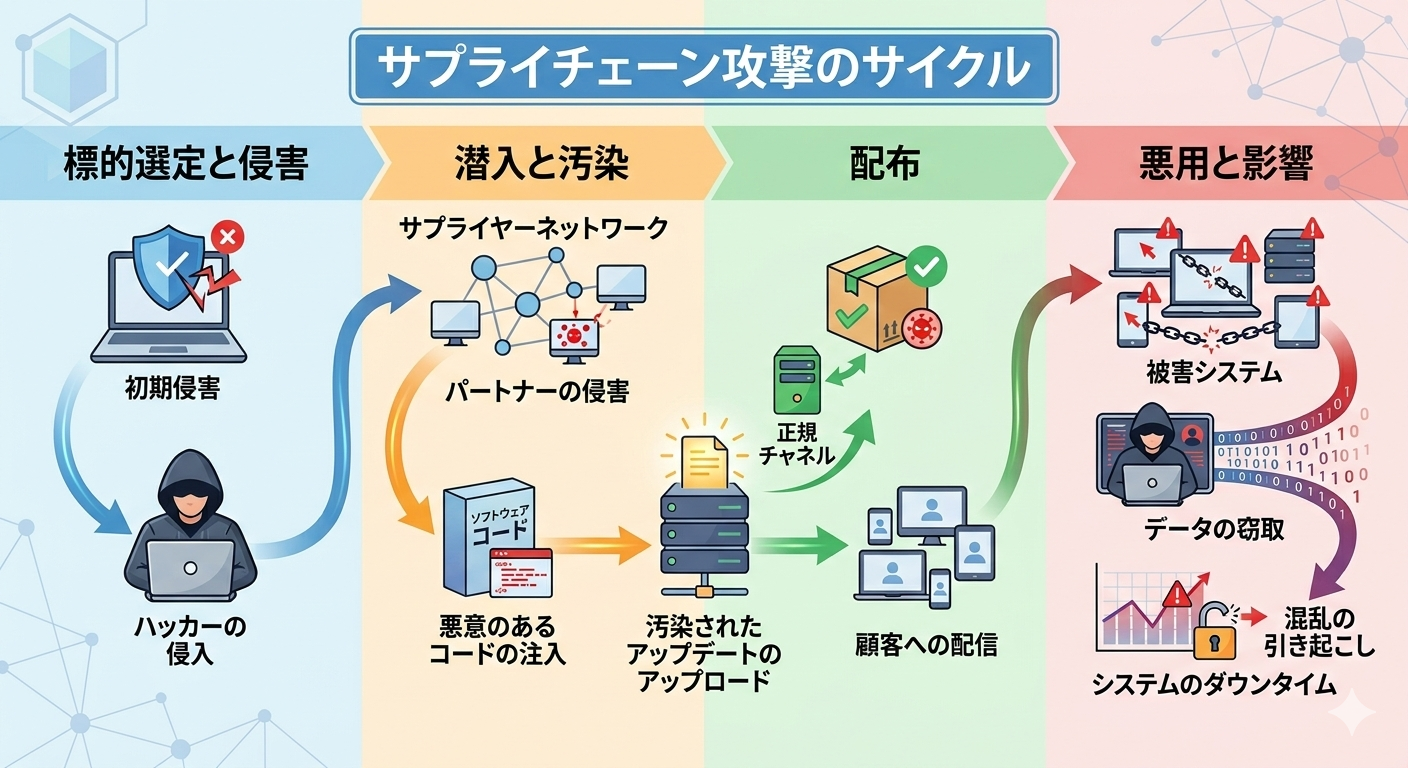 サプライチェーン攻撃の概念図。信頼できる供給元を装って侵入する手口の図解