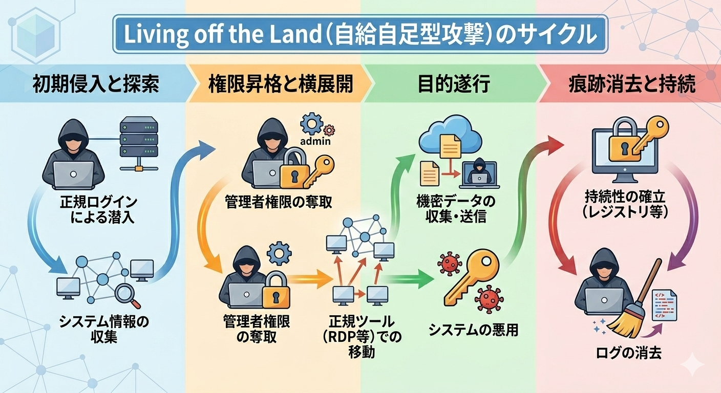 自給自足型攻撃（LotL）のプロセス。正規ツールを悪用して外部からスクリプトを実行し、ファイルレスで情報を窃取する仕組みの説明