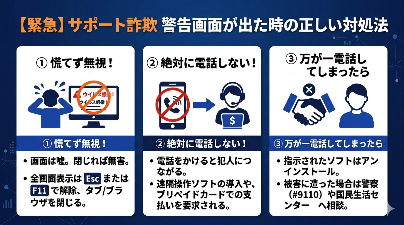サポート詐欺警告画面が出た時の正しい対処法