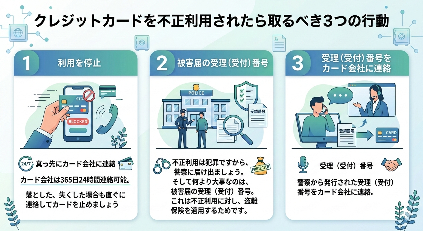 クレジットカードを不正利用されたら取るべき３つの行動の図解