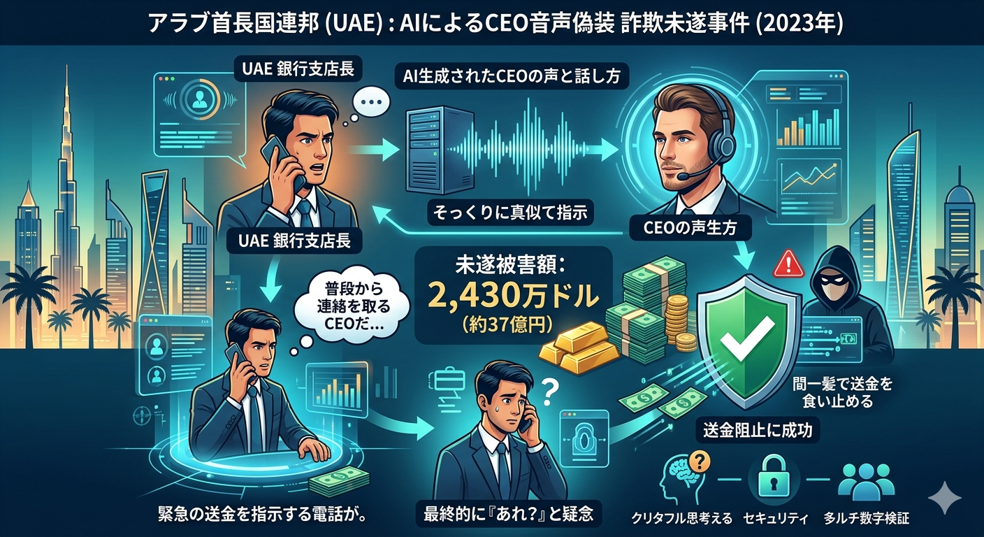 アラブ首長国連邦の銀行員詐欺未遂事件のインフォグラフィック画像