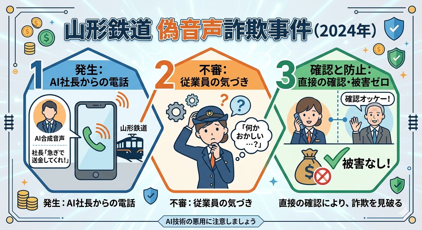 山形鉄道の偽音声電話詐欺事件のインフォグラフィック画像