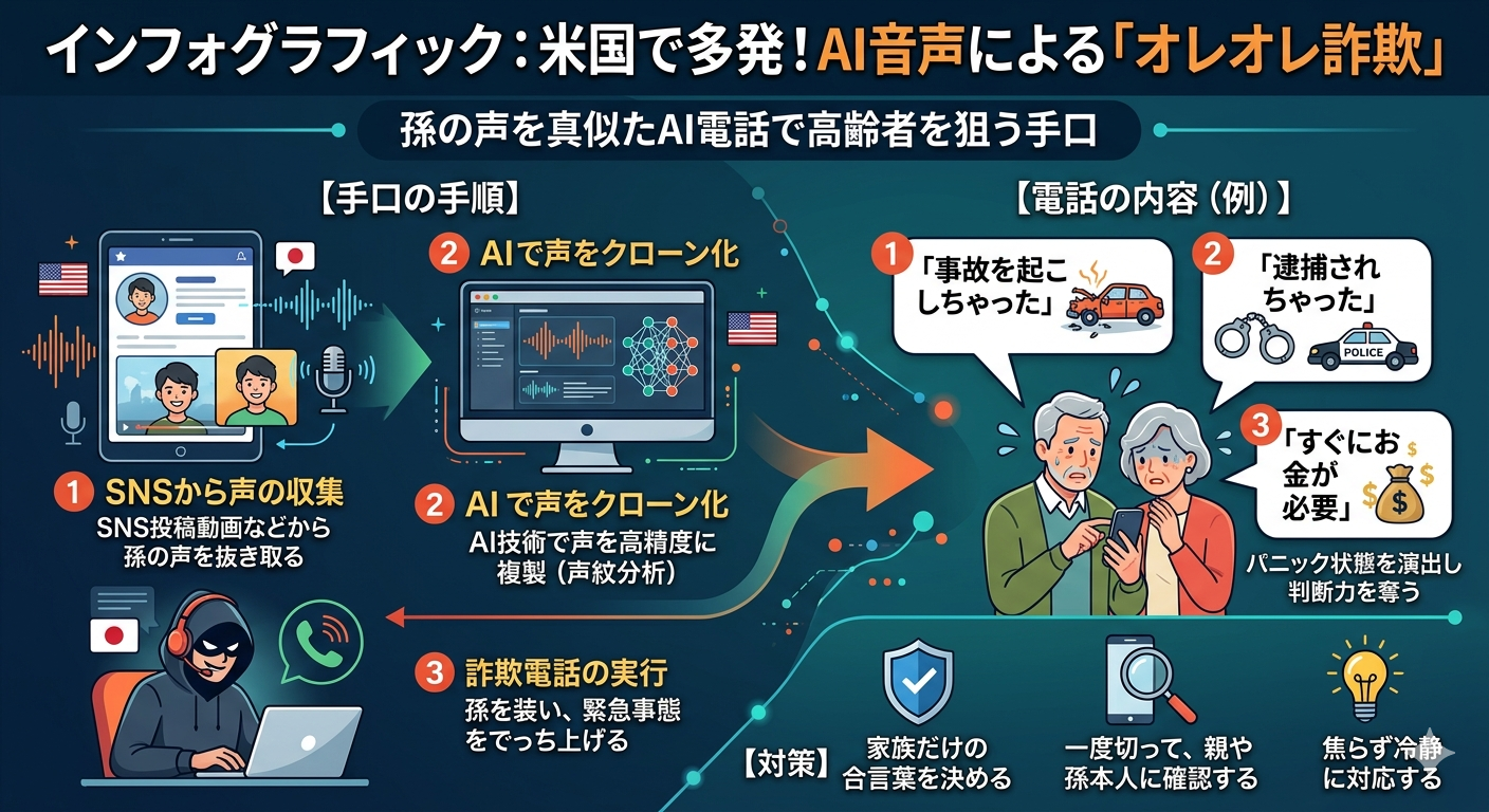 祖父母を狙ったAI音声詐欺のインフォグラフィック画像