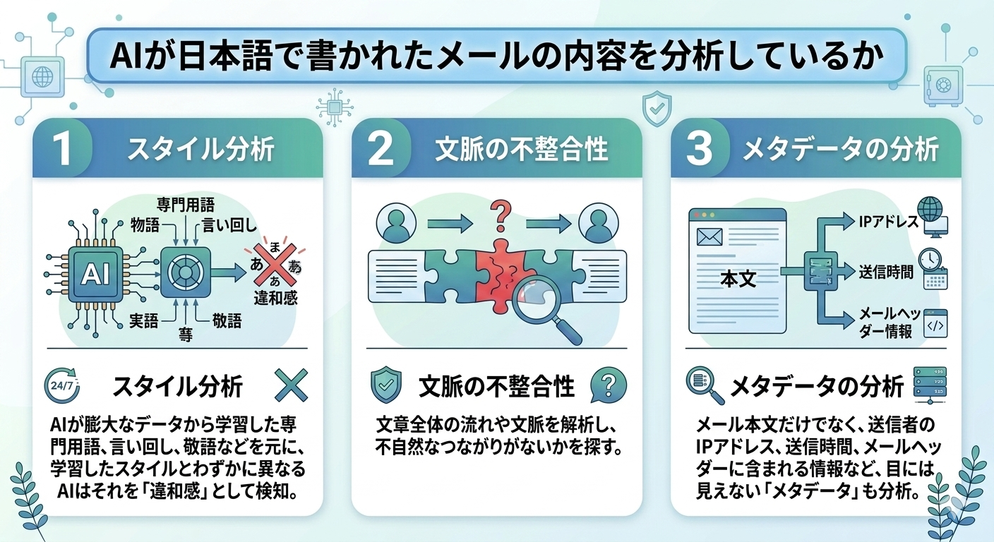 AIが日本語で書かれたメールの内容を分析しているかの図解
