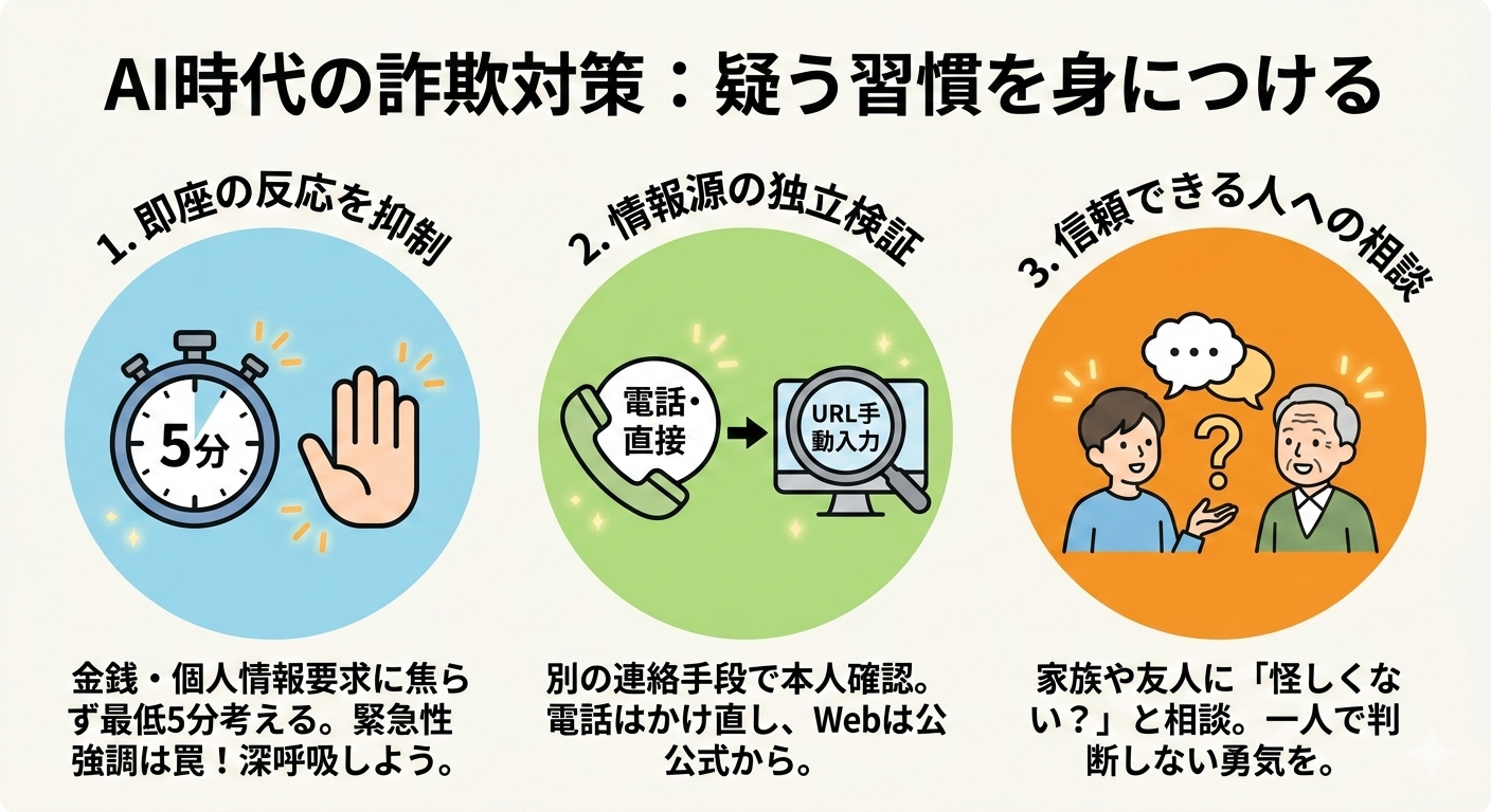 疑う習慣を身につける即座の反応を抑制情報源の独立を検証信頼できる人への相談