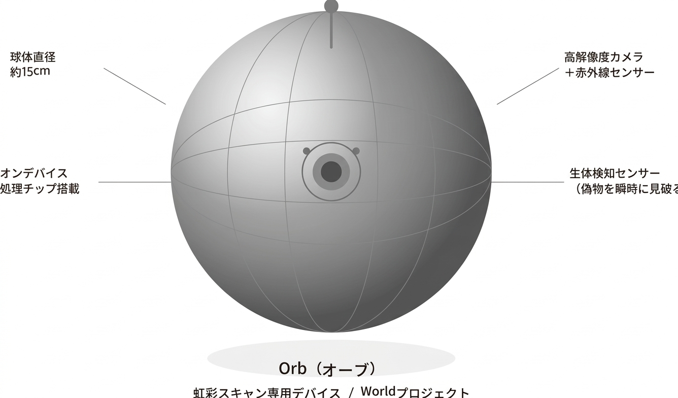 Orbの外観イラスト。銀色の球体型デバイスで、高解像度カメラ・赤外線センサー・生体検知センサー・オンデバイス処理チップを搭載している