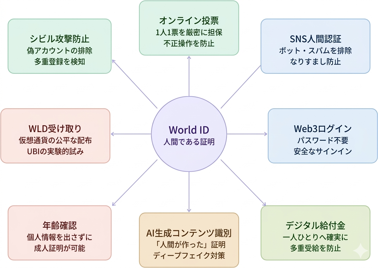 World IDの活用例を放射状に図示。中心のWorld IDから、オンライン投票・SNS人間認証・Web3ログイン・デジタル給付金・AI生成コンテンツ識別・年齢確認・WLD受け取りの7つの活用場面が伸びている