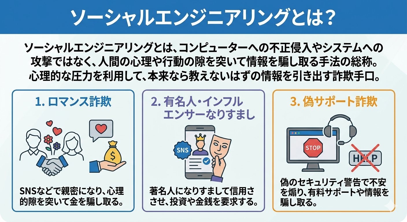 ソーシャルエンジニアリングの主な手口インフォグラフィック