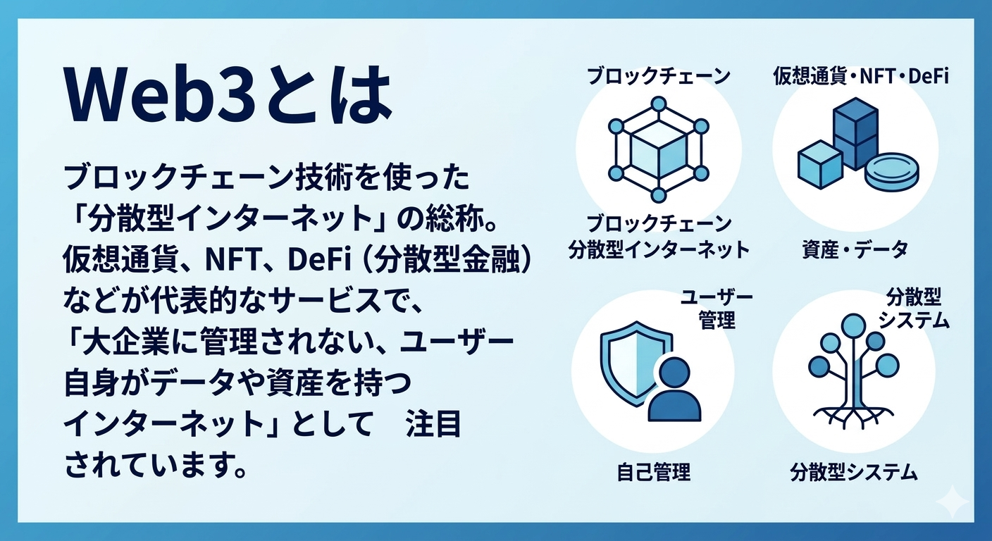 Web3とは、ブロックチェーン技術を使った「分散型インターネット」の総称