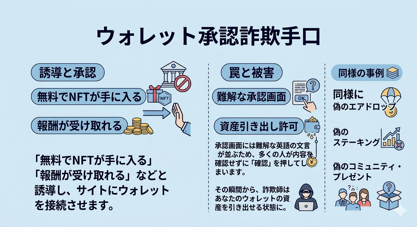 ウォレット承認詐欺解説のインフォグラフィック