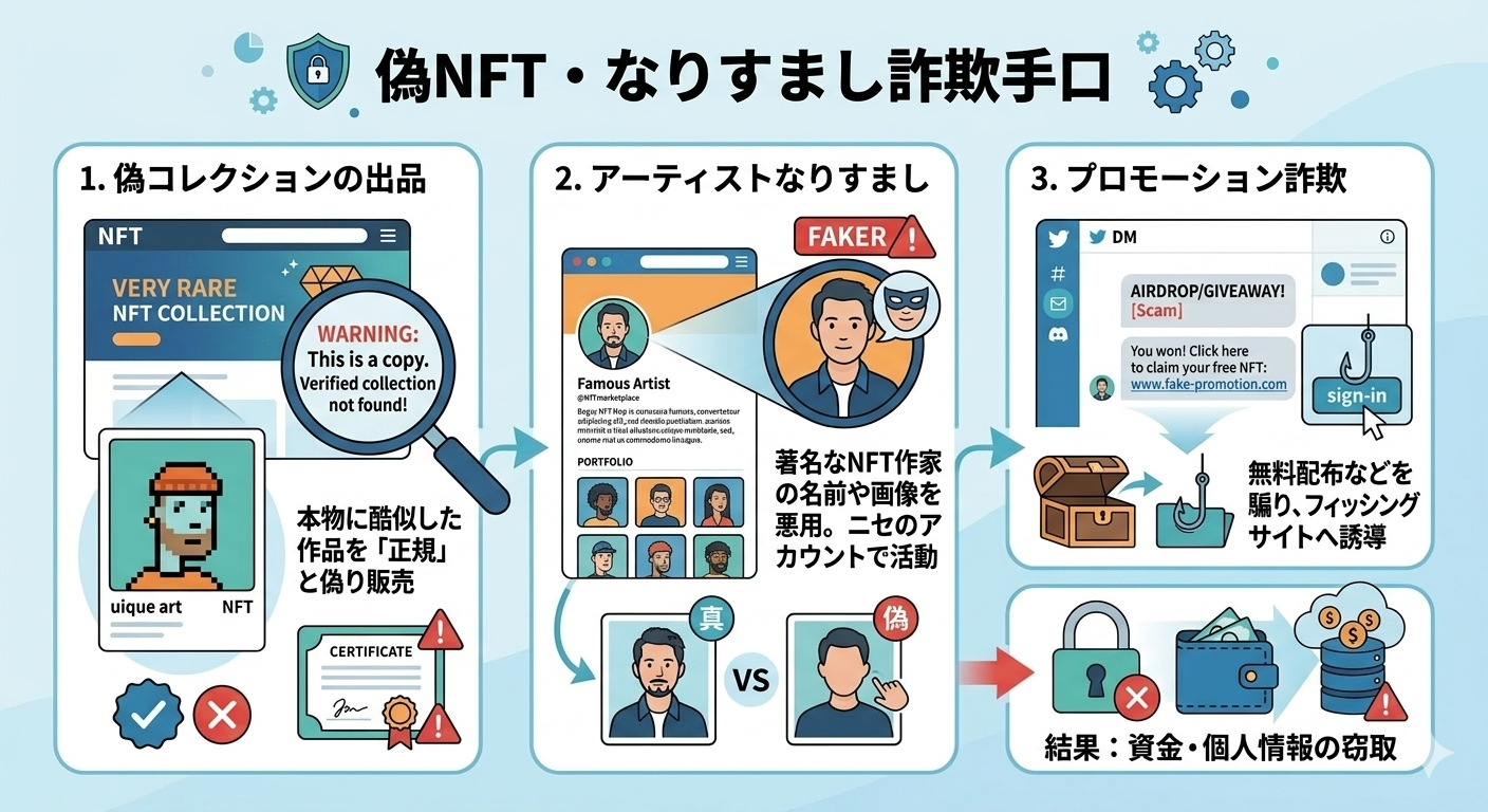 偽NFT・なりすまし詐欺手口解説のインフォグラフィック