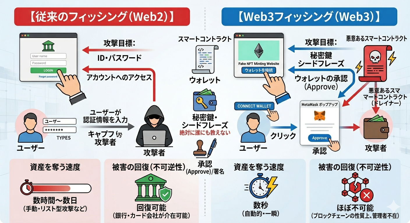 Web2フィッシングとWeb3フィッシングの違い図解