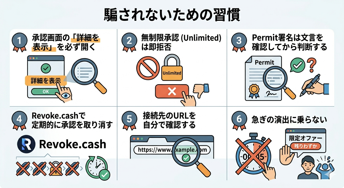 ウォレット認証詐欺で騙されないための習慣図解