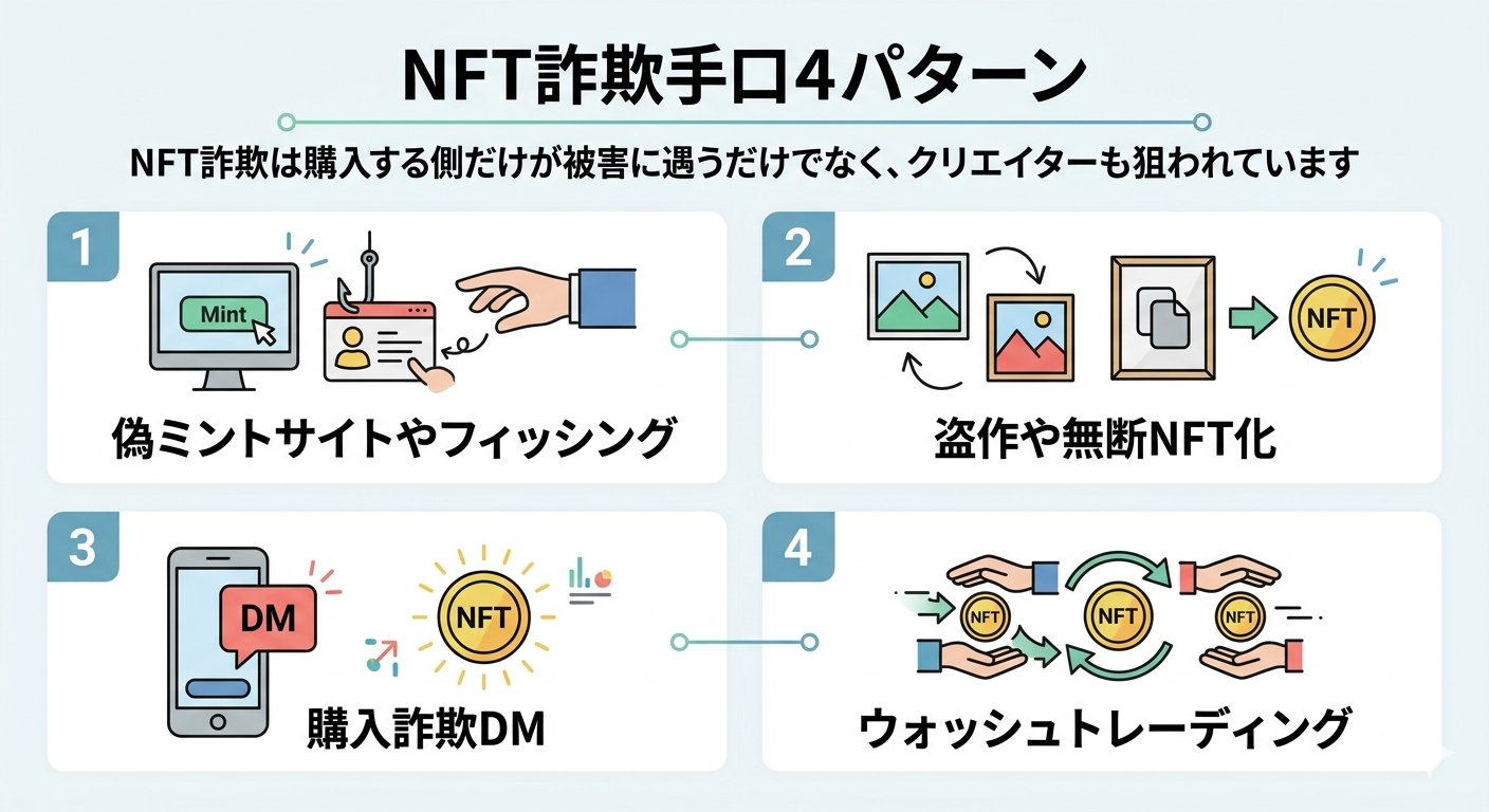NFT詐欺手口４パターン。偽ミントサイトやフィッシング。盗作や無断NFT化。購入詐欺DM。ウォッシュトレーディング。