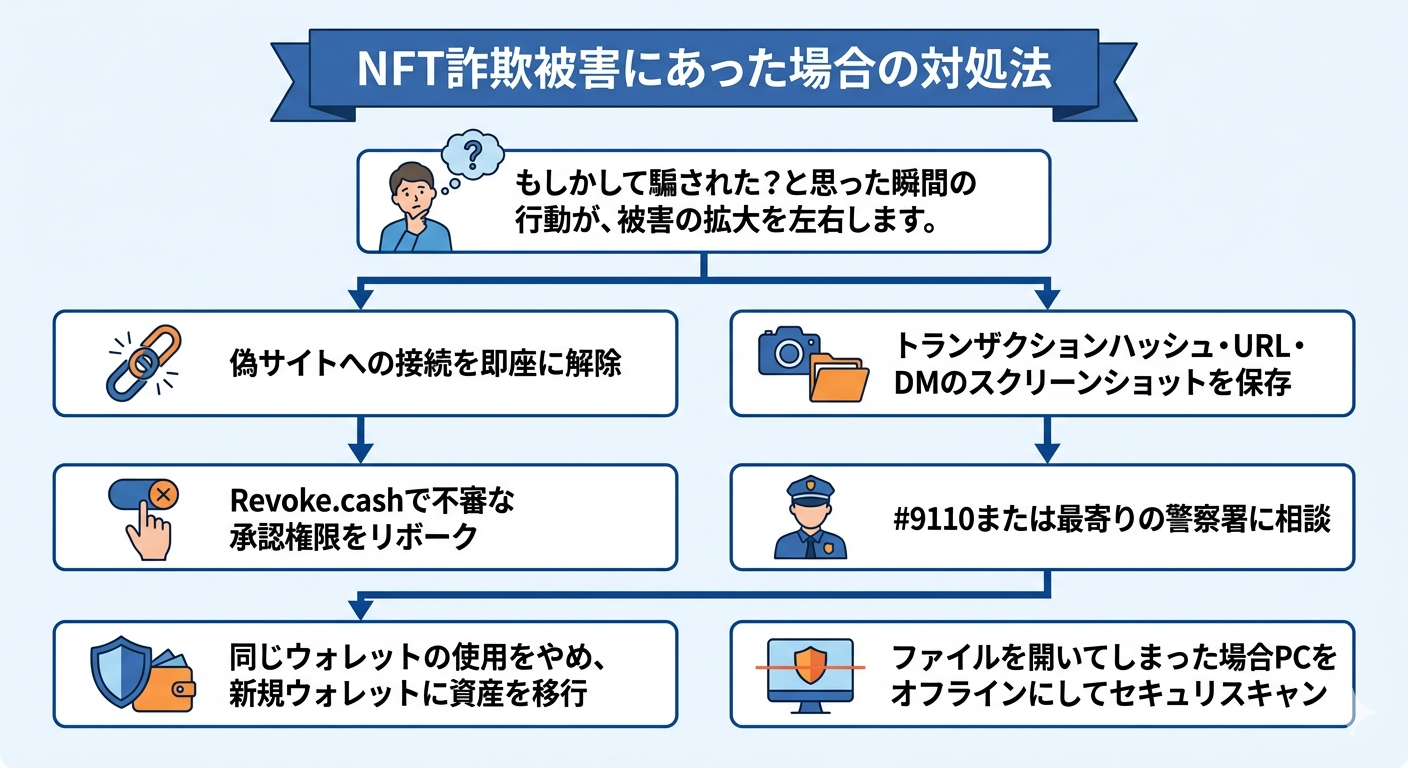 NFT詐欺被害に遭った、疑わしいと気づいたら取る行動のフローチャート