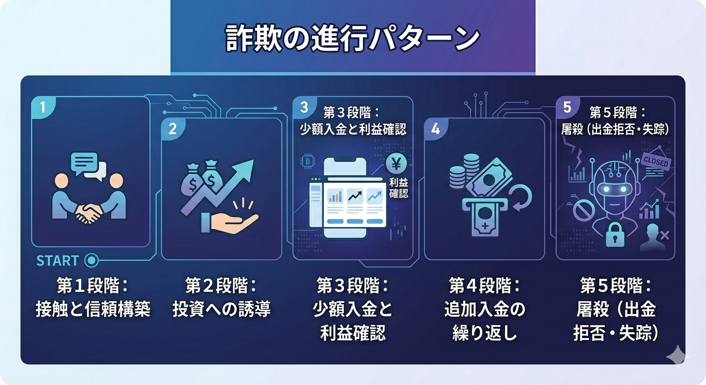 暗号資産詐欺の進行パターン５段階図解
