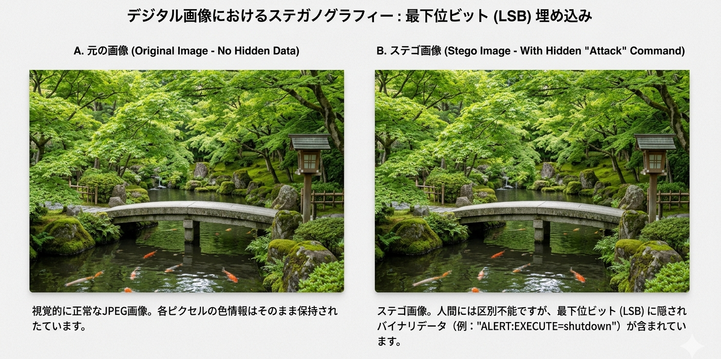 デジタル画像におけるステガノグラフィーを２枚画像で比較、人間の目には違いがわからない