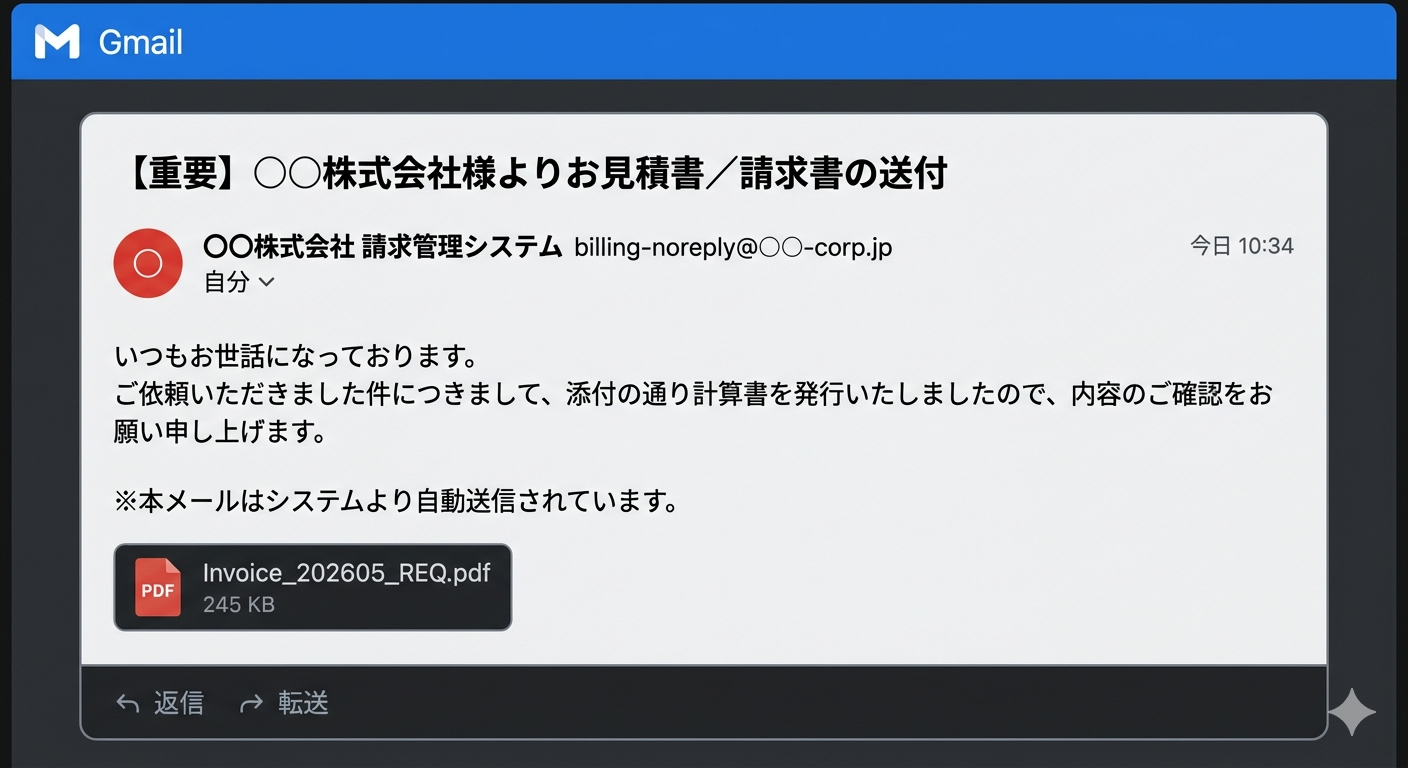 PDFファイルが添付された〇〇株式会社様よりお見積書／請求書の送付サンプル画像