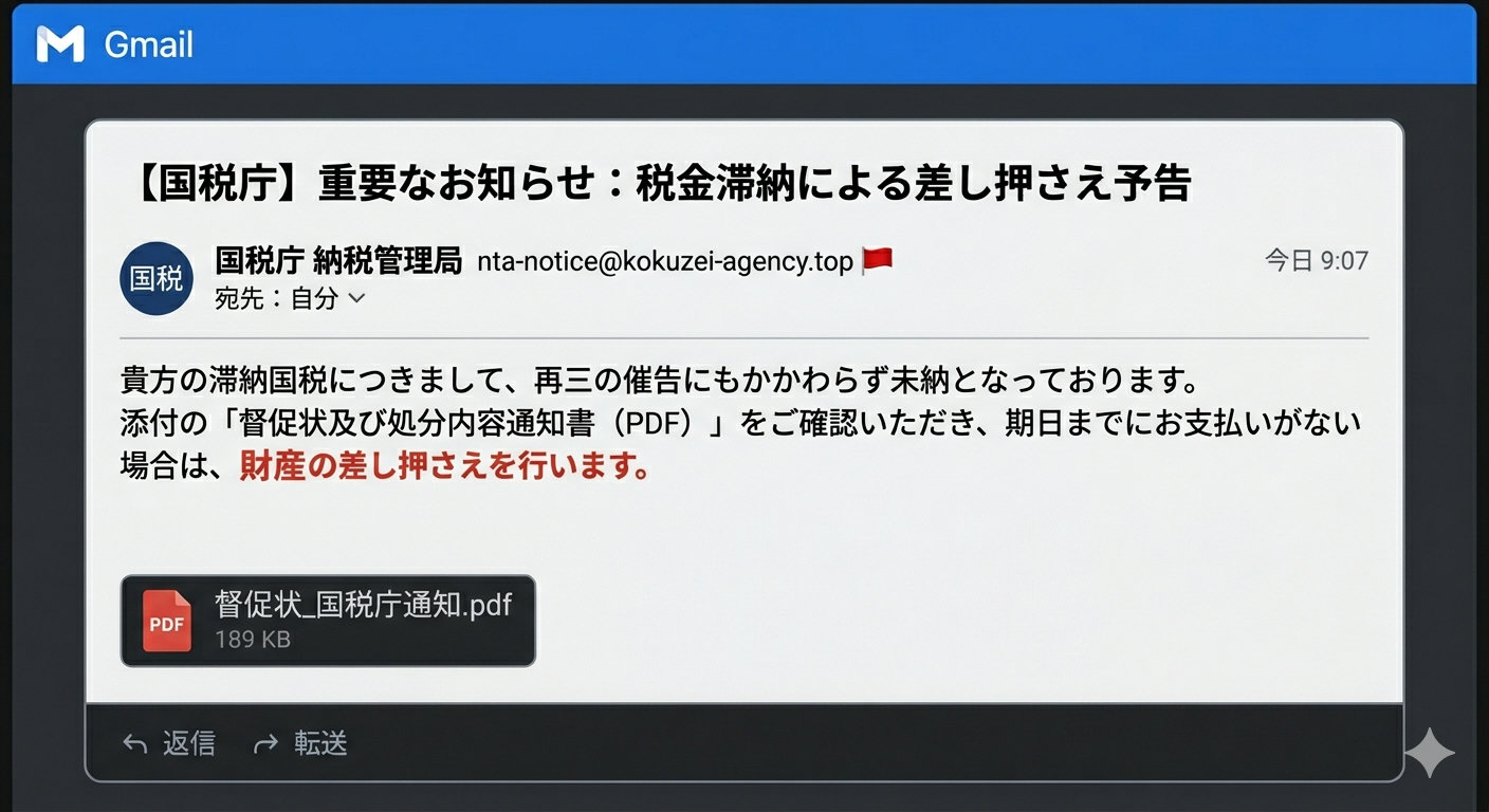 PDFファイルが添付された税金滞納による偽の国税庁差し押さえ予告サンプル画像