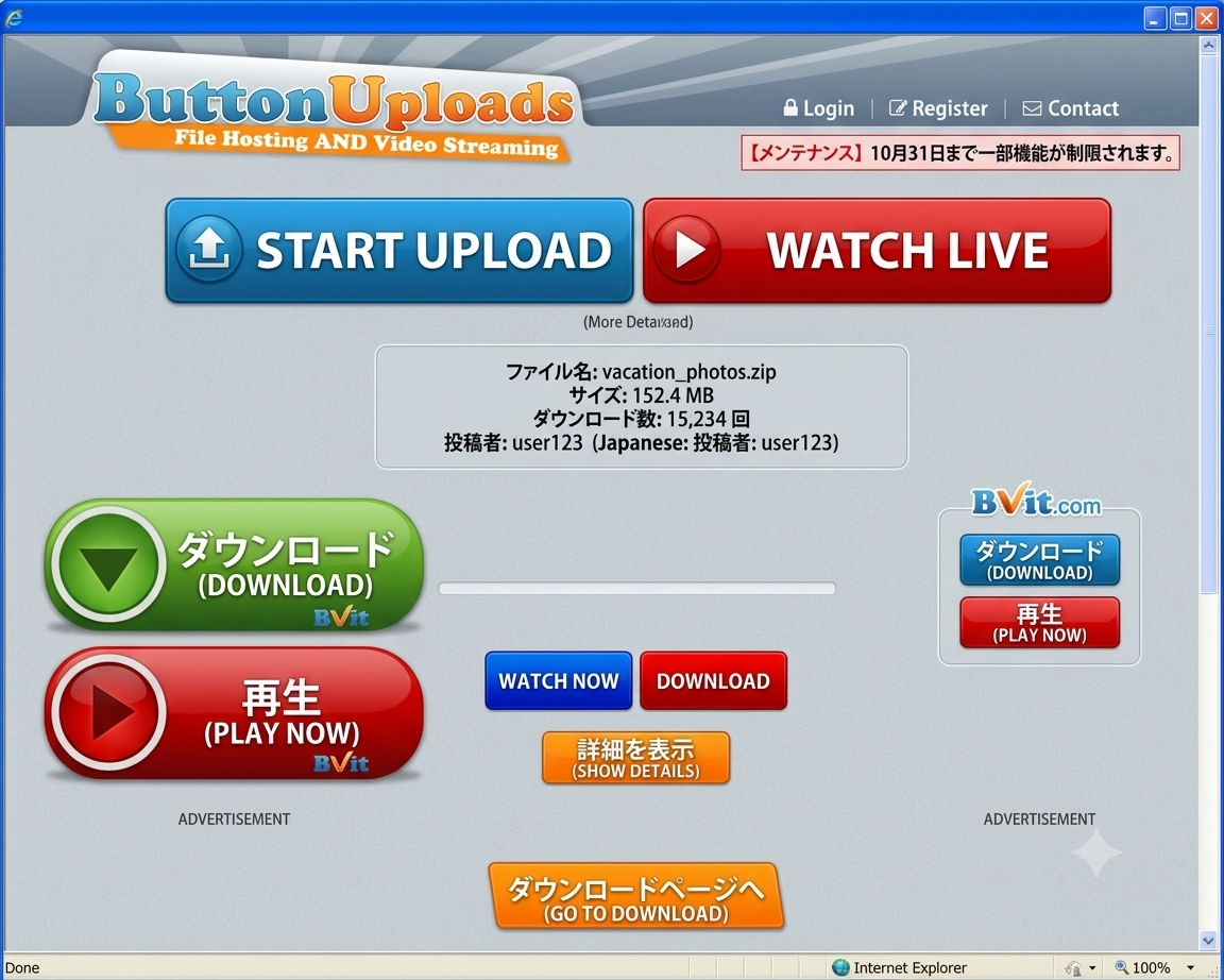 偽のダウンロードボタンが並ぶ画面イメージ