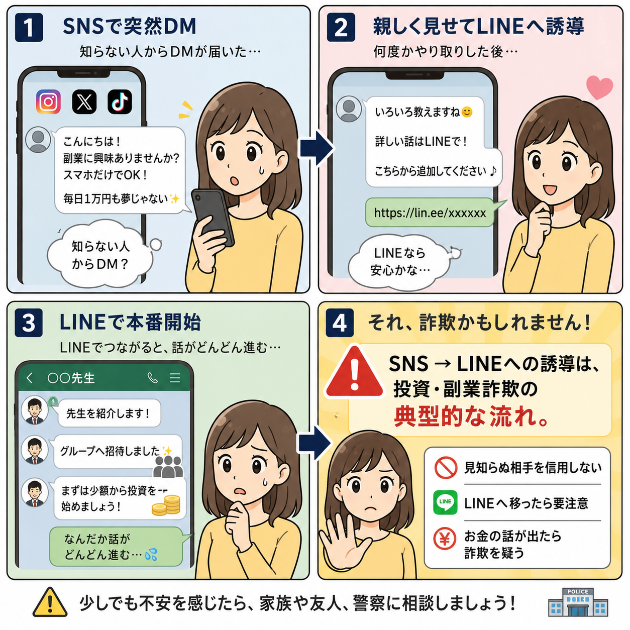 SNS型投資・副業詐欺の典型的な流れ