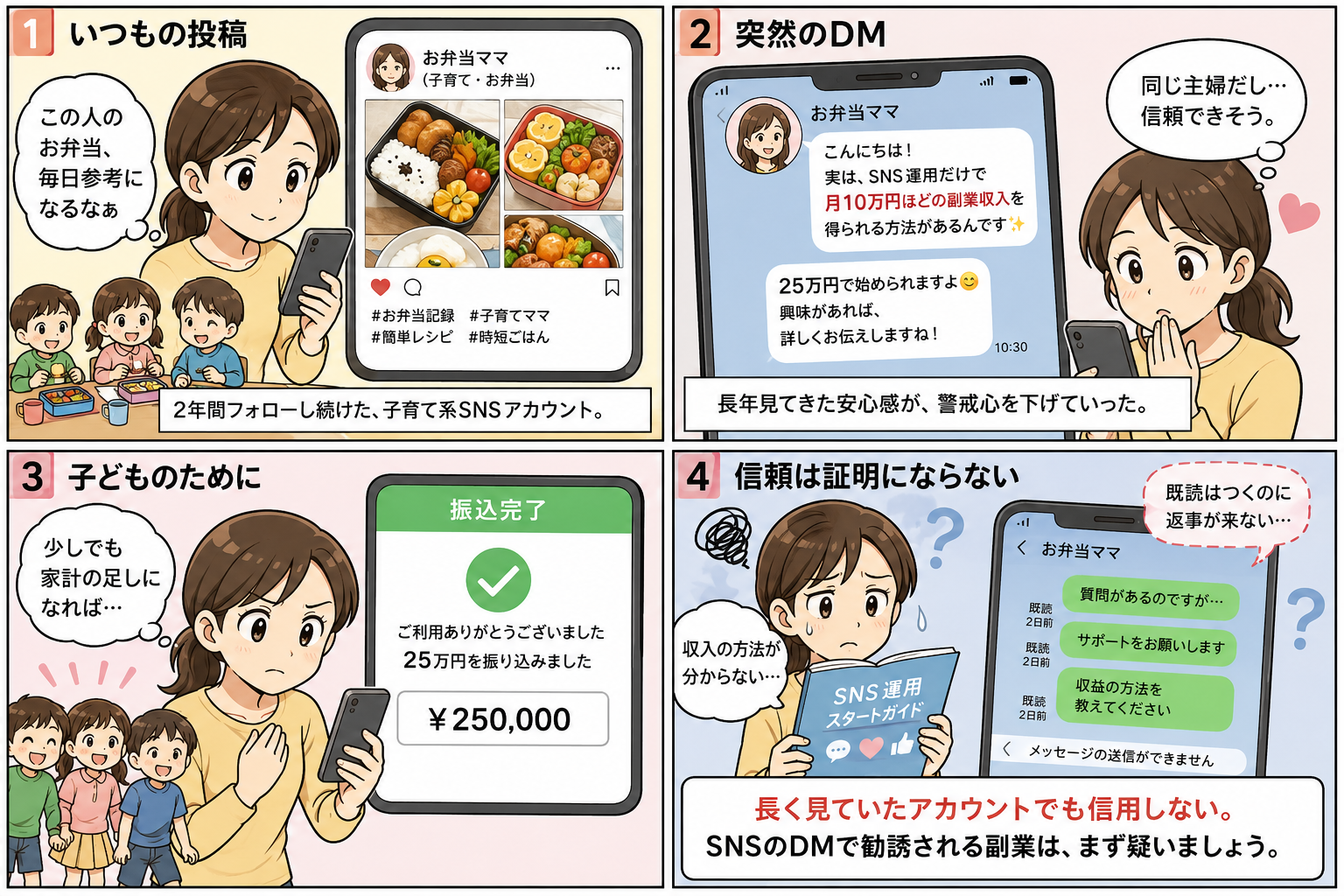 育児・料理系のアカウントから副業の勧誘が届く様子の4コマ漫画