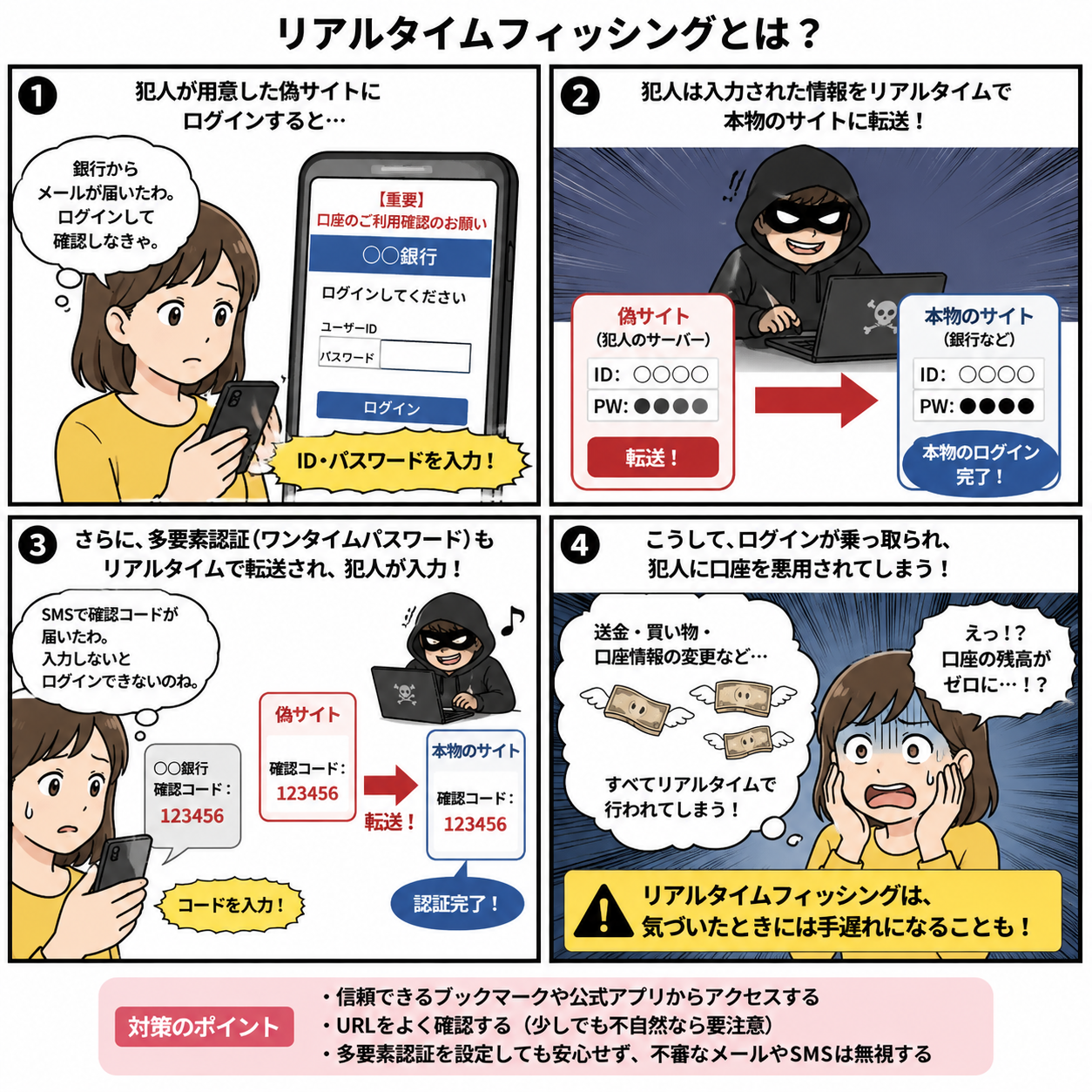 リアルタイムフィッシングを解説した4コマ漫画