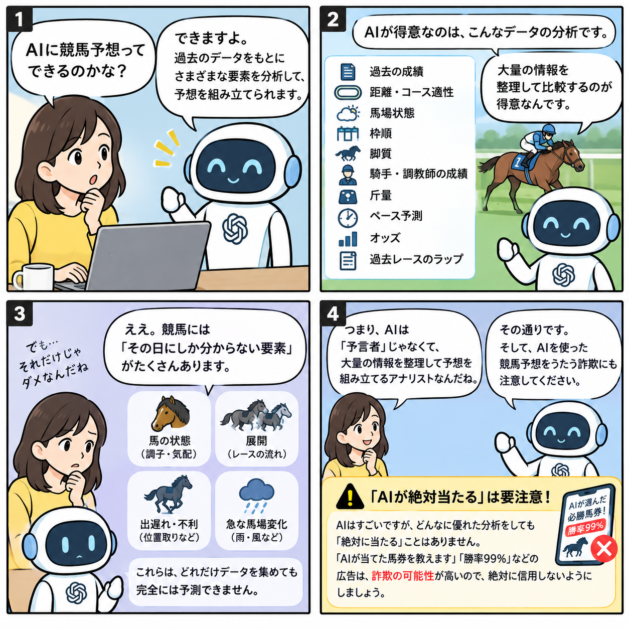 AIに競馬予想はできるのか、得意不得意4コマ漫画