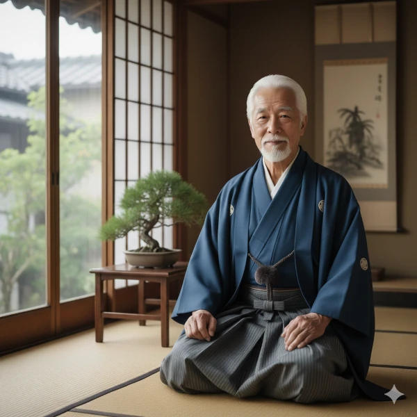 和服姿の70代の男性髪は全部白髪