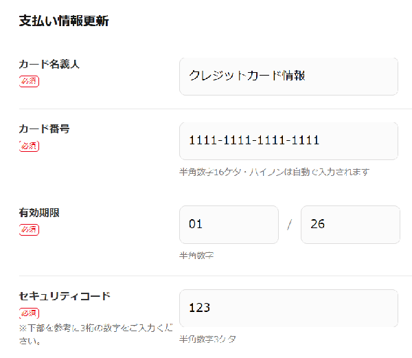クレジットカード情報に入力